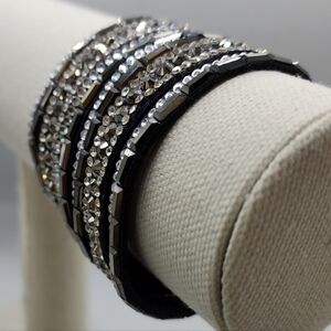 Purple Silver Tone Rhinestone Wrap Bracelet Adjustable Metallic Snap